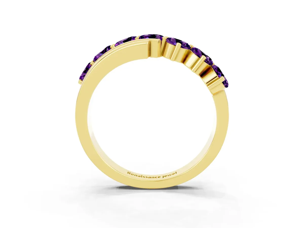 Round Amethyst Wave Band with Channel and Shared Prong Setting Yellow gold
