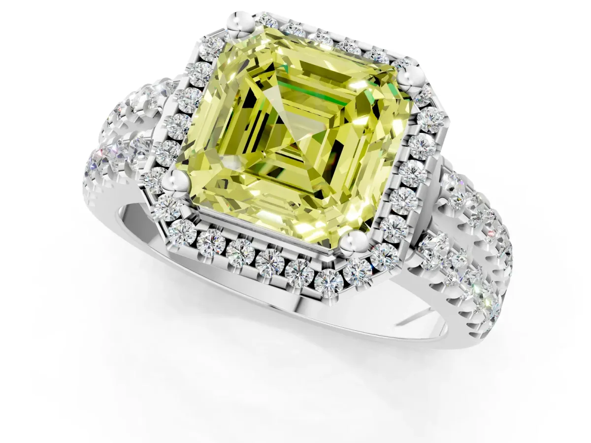 Fancy Yellow Asscher Cut Halo Diamond Split Shank Engagement Ring with Prong Setting Platinum