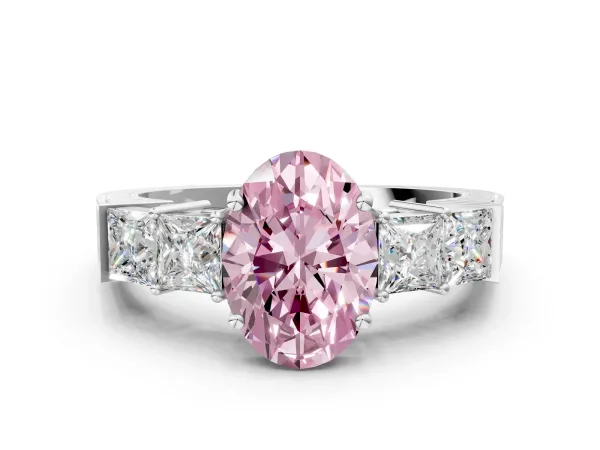 Fancy Pink Oval Cut Solitaire Princess Side Stone Engraved Band Prong Setting Ring Platinum