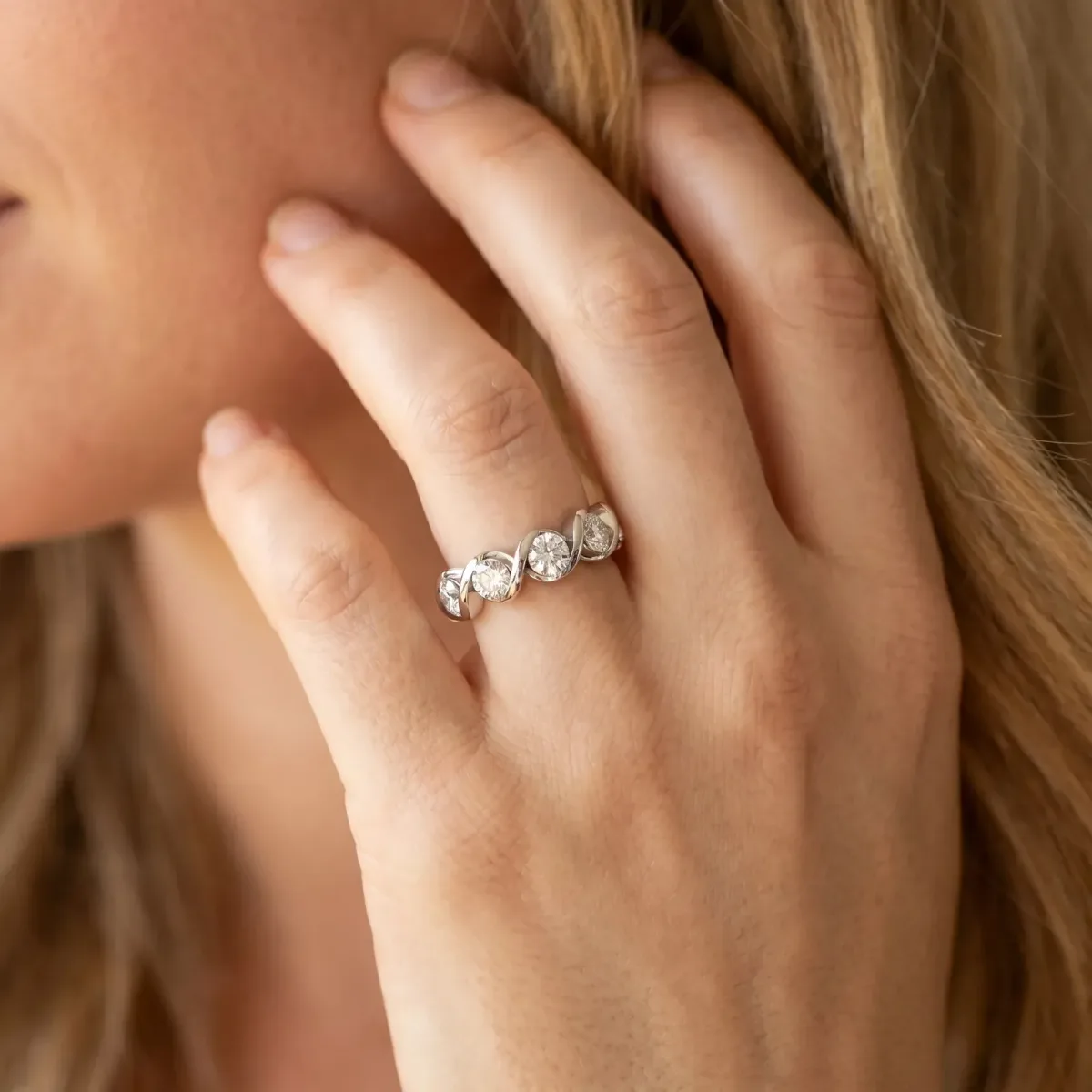 Round Diamond Wave Band with Channel Setting and Shared Prongs Silver