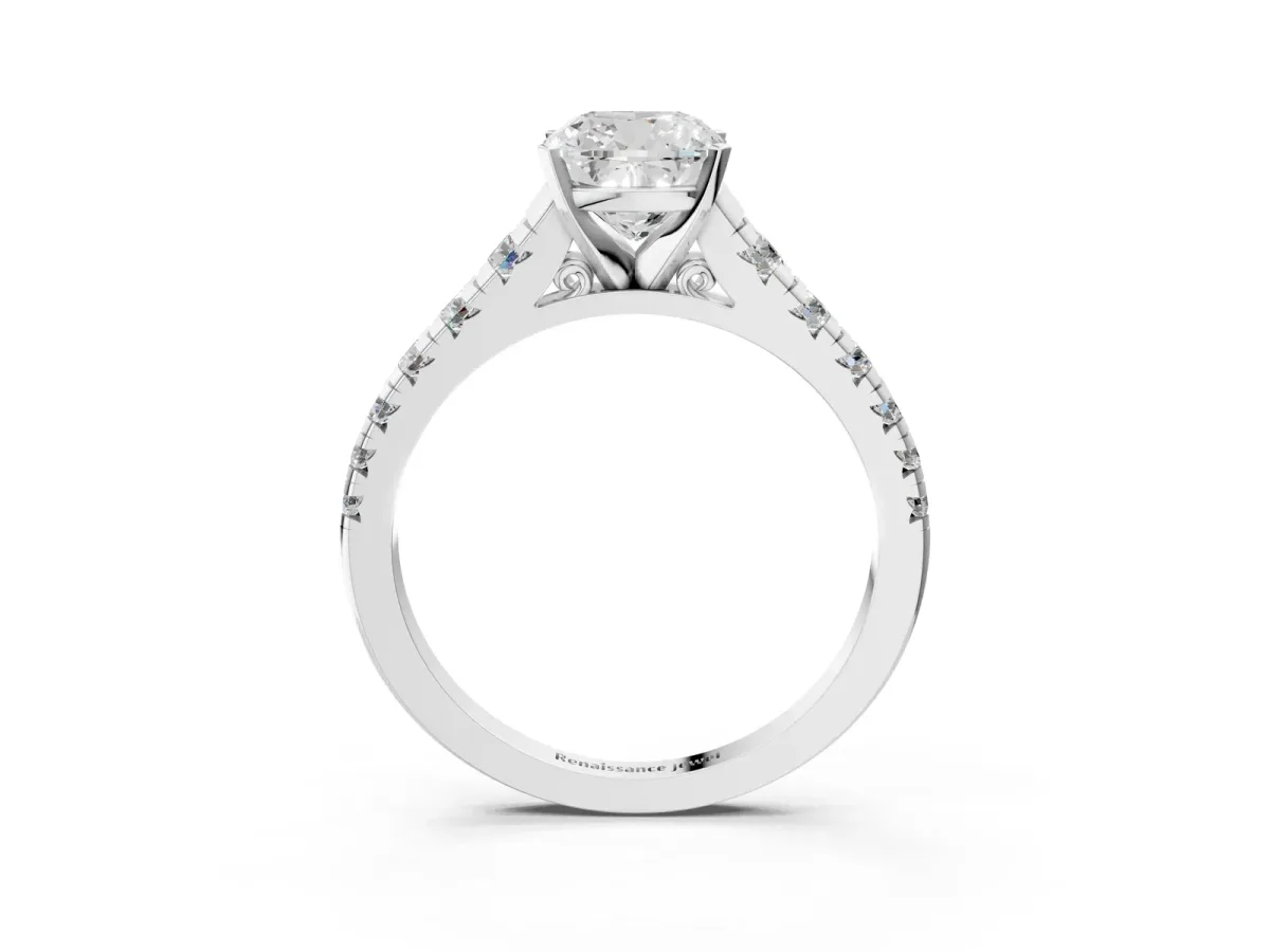 Cushion Cut Diamond Cathedral Solitaire Ring with Round Pavé Band Platinum