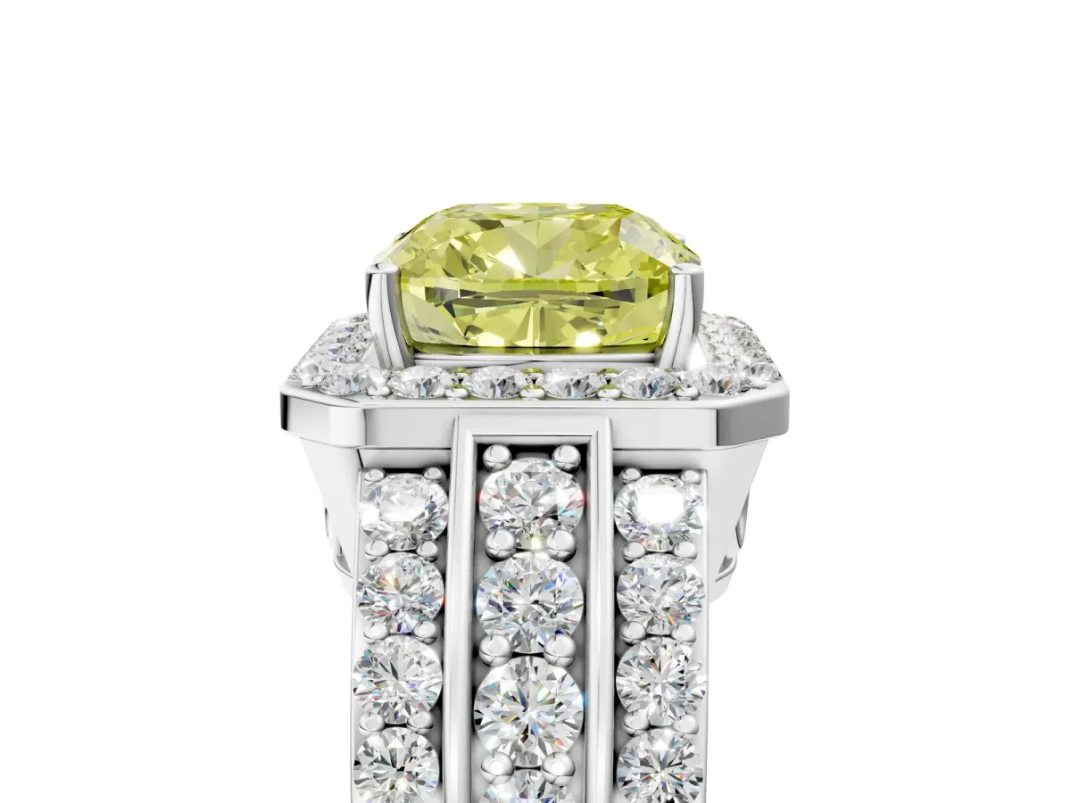 Fancy Yellow Cushion Cut Halo Diamond Ring with Round Split Shank and Prong Setting Platinum