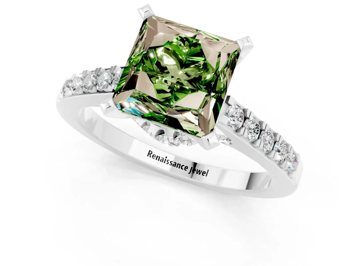 Princess Cut Peridot Solitaire Ring with Crossover Gallery and Round Pavé Band Silver