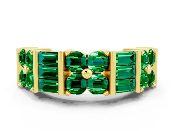 Channel Set Round and Baguette Emerald Anniversary Band with Prong Setting Yellow gold