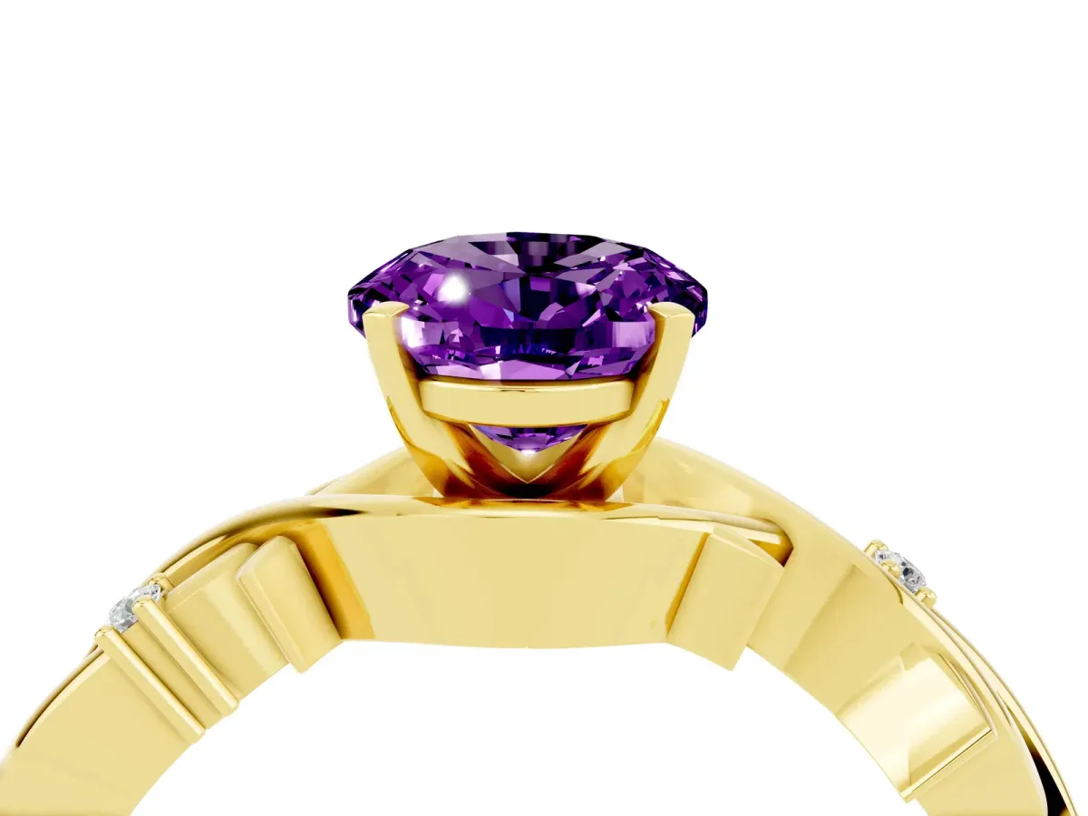 Oval Cut Amethyst Solitaire Ring with Twisted Band and Prong Setting Yellow gold