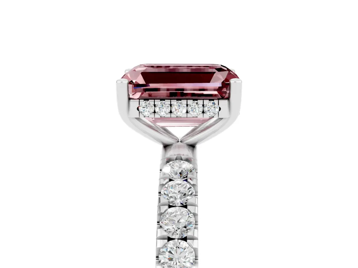 Emerald Cut Morganite Pave Band Solitaire Ring with Round and Prong Setting Platinum