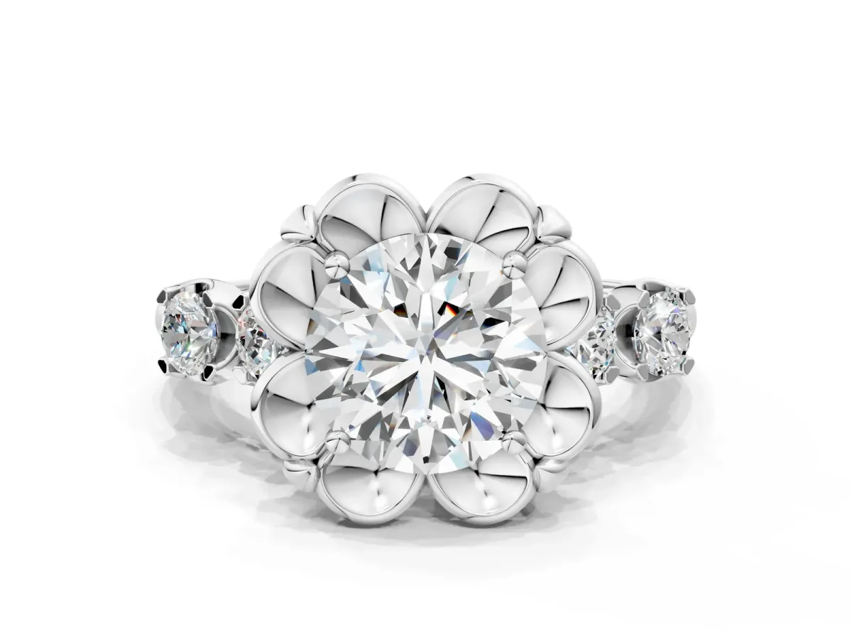 Round Cut Cut Diamond Floral Halo Engagement Ring with Shared Prong Setting Platinum