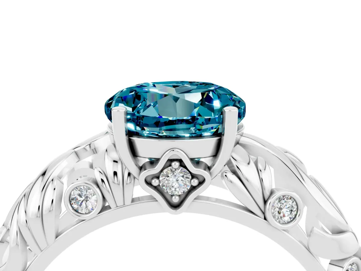 Round Cut Solitaire Blue Topaz Leaf-Inspired Vine Band Ring with Prong Setting Silver