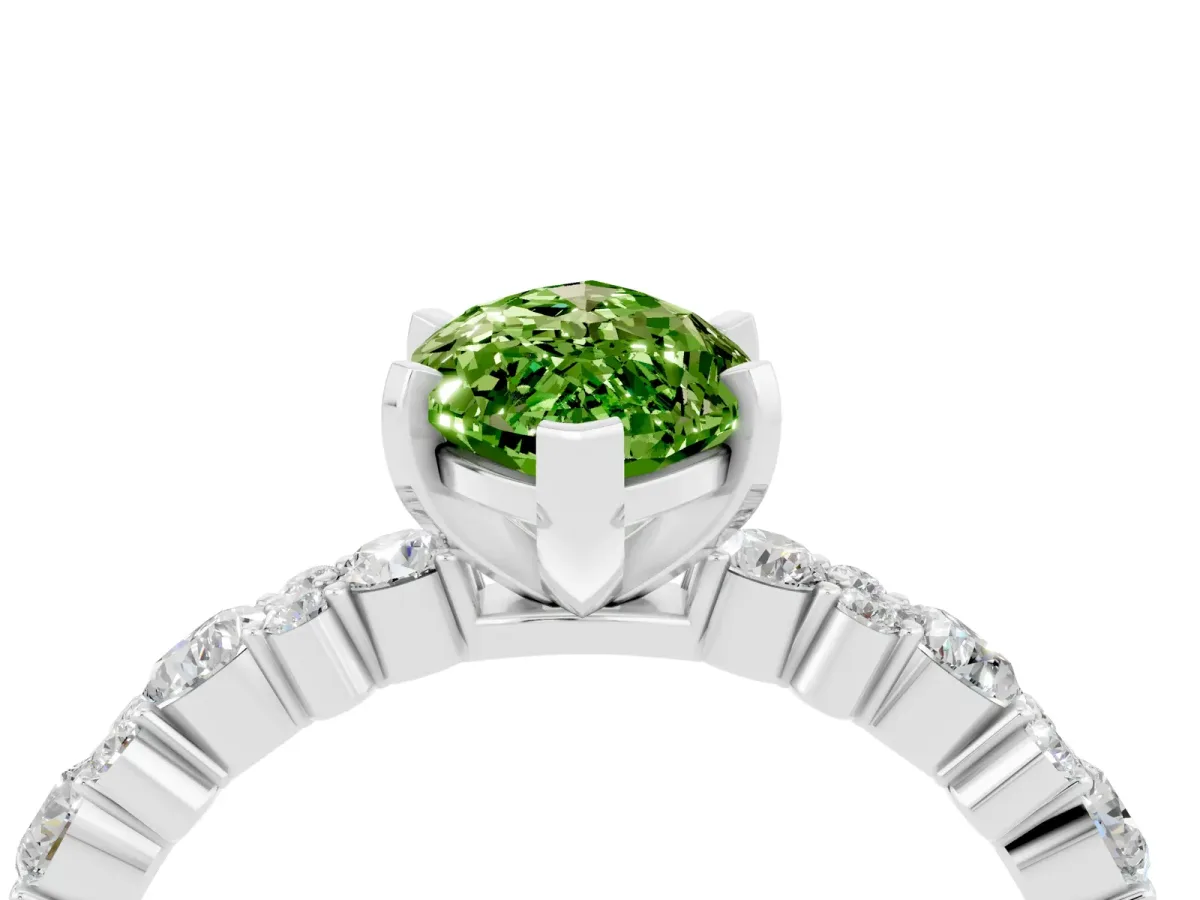 Marquise Cut Peridot Side Stone Solitaire Ring with Round and Four-Prong Setting White gold