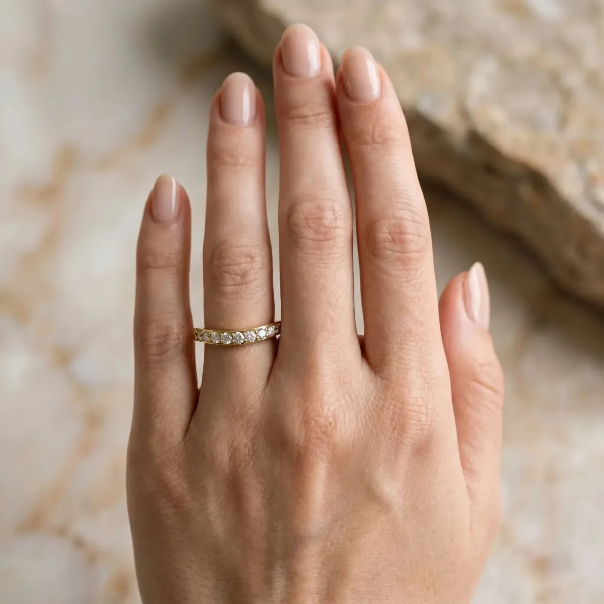 Round Diamond Curved Wedding Band with Channel Setting Yellow gold
