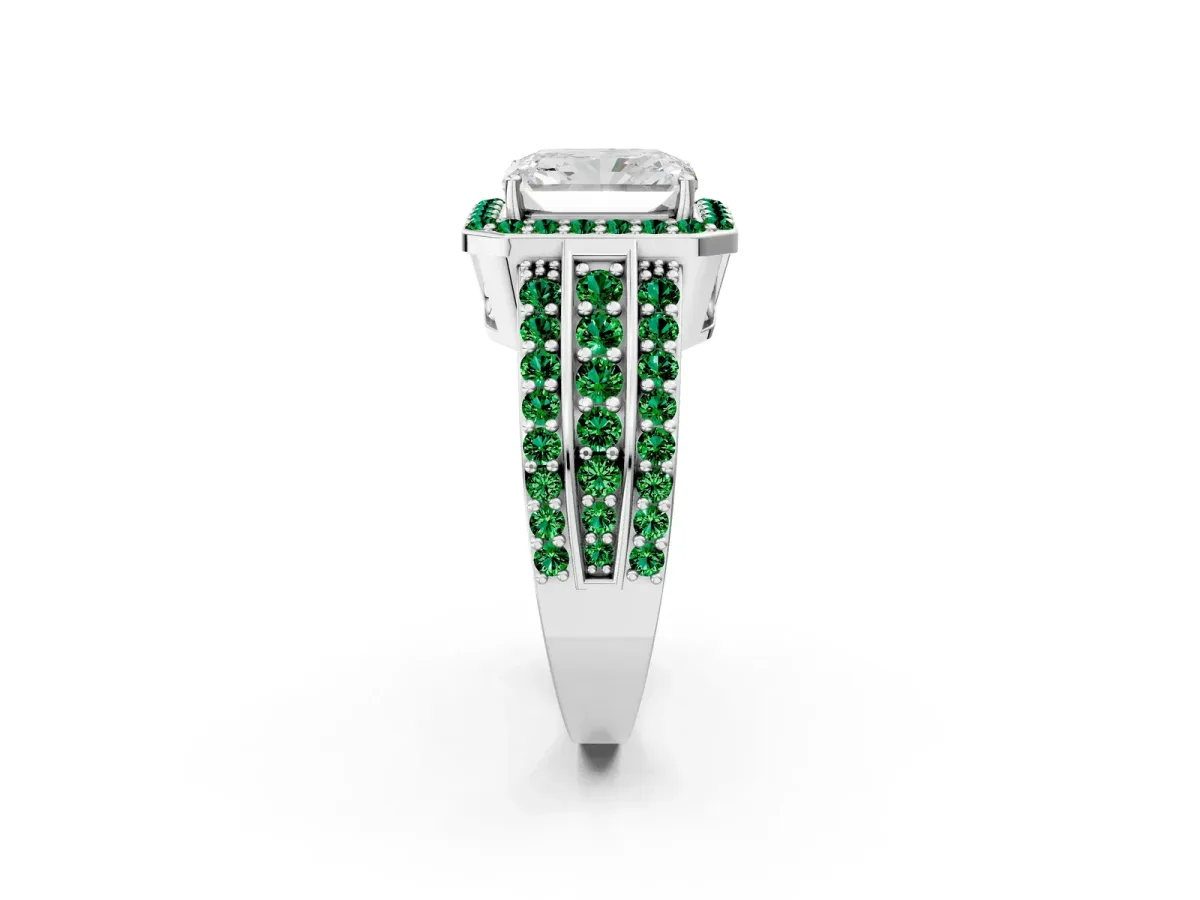 Radiant Cut Halo Diamond Ring with Round Emerald Split Shank and Prong Setting Silver