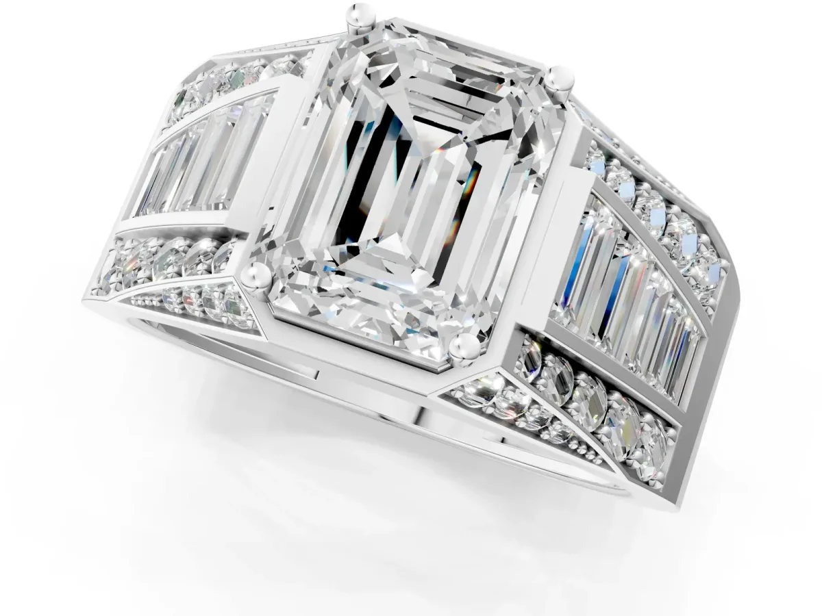 Emerald Cut Diamond Mens Ring with Baguette Side Stones Silver