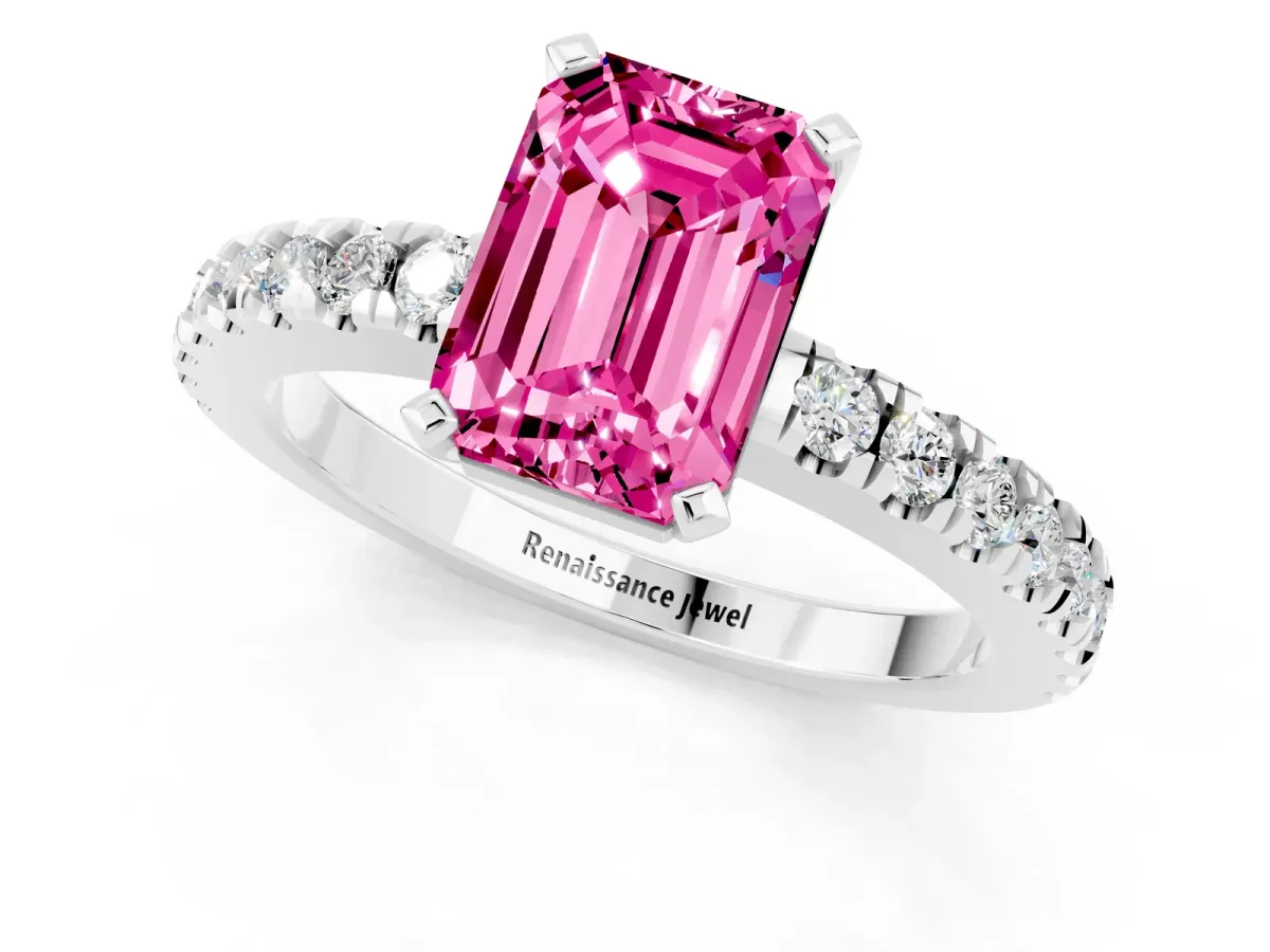 Emerald Cut Solitaire Pink Sapphire with Pavé Band and Four-Prong Setting Silver