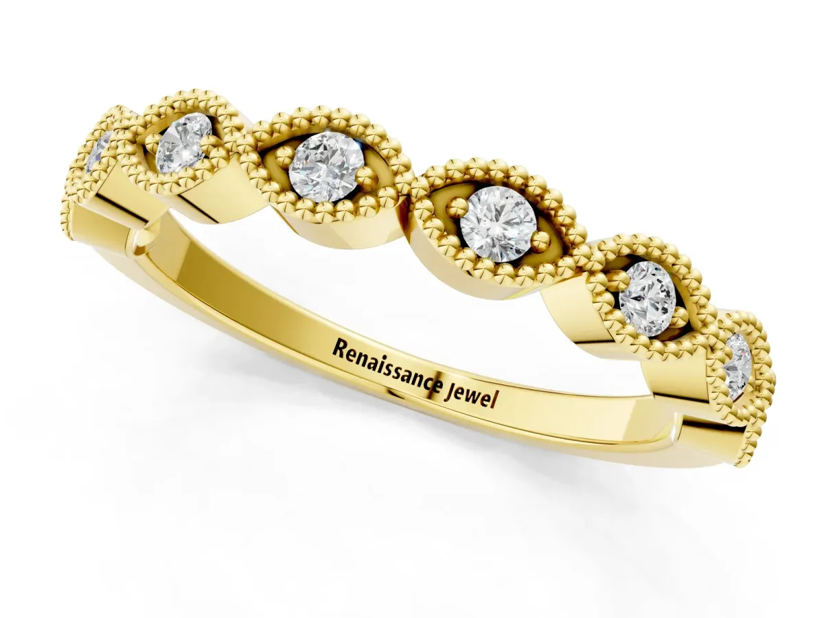 Milgrain Marquise Diamond Half Eternity Band with Bezel Setting Yellow gold