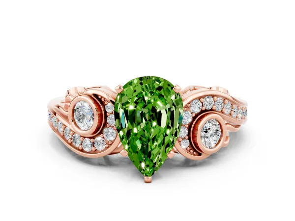 Pear Cut Peridot Solitaire Ring with Milgrain Pavé Band and Four-Prong Setting Rose gold