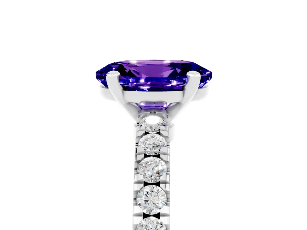 Oval Cut Solitaire Tanzanite with Pavé Band and Four-Prong Setting Silver