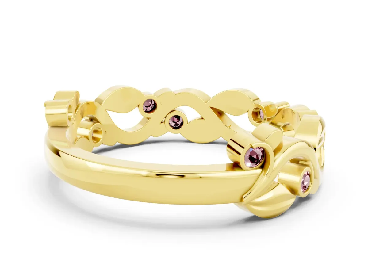 Round Morganite Leaf Eternity Band with Bezel Setting Yellow gold