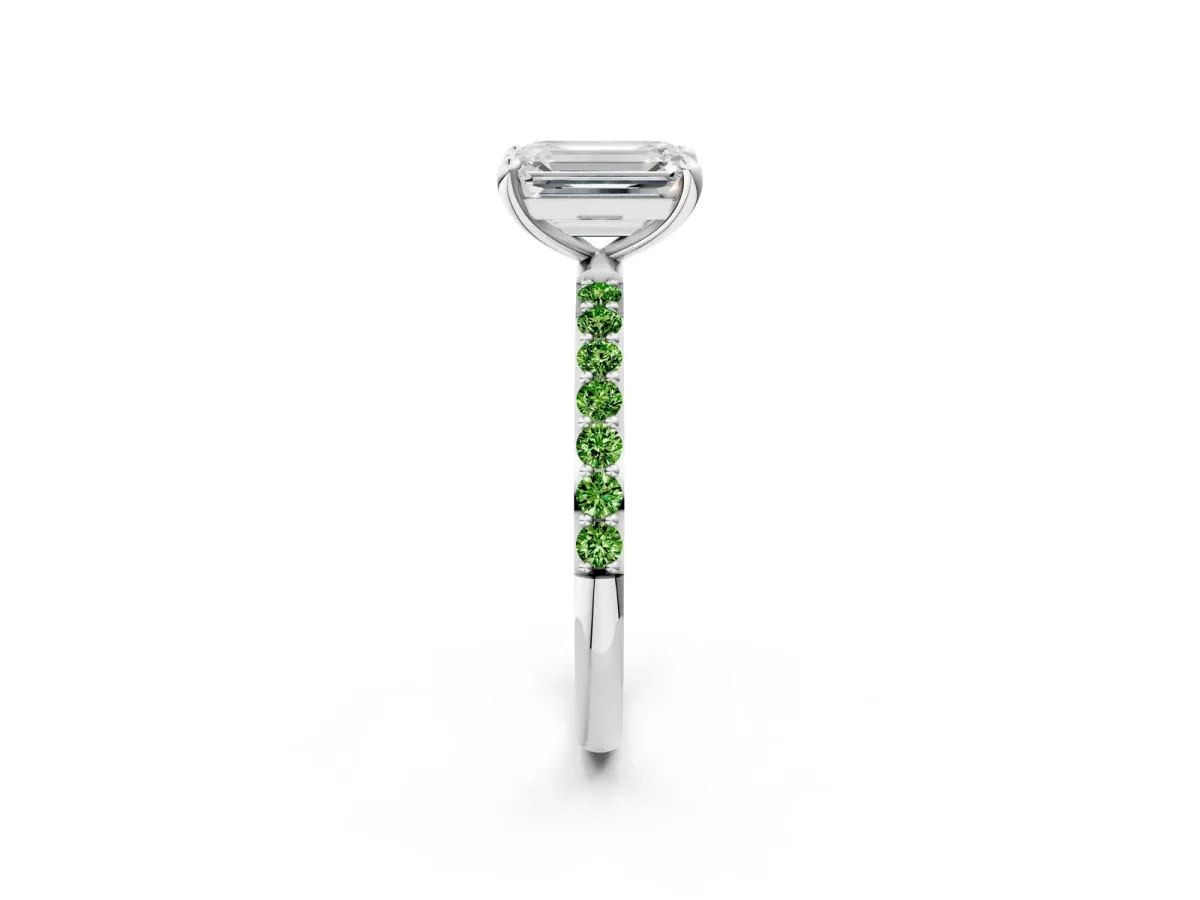 Emerald Cut Diamond Solitaire Ring with Round Peridot Pavé Band and Prong Setting Silver