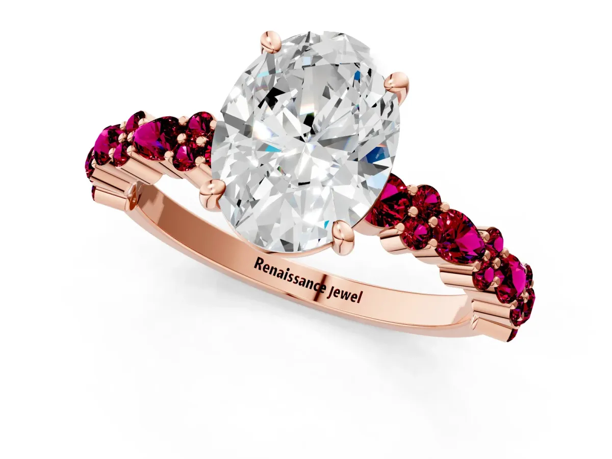 Oval Cut Diamond Side Stone Solitaire Ring with Round Garnet and Four-Prong Setting Rose gold