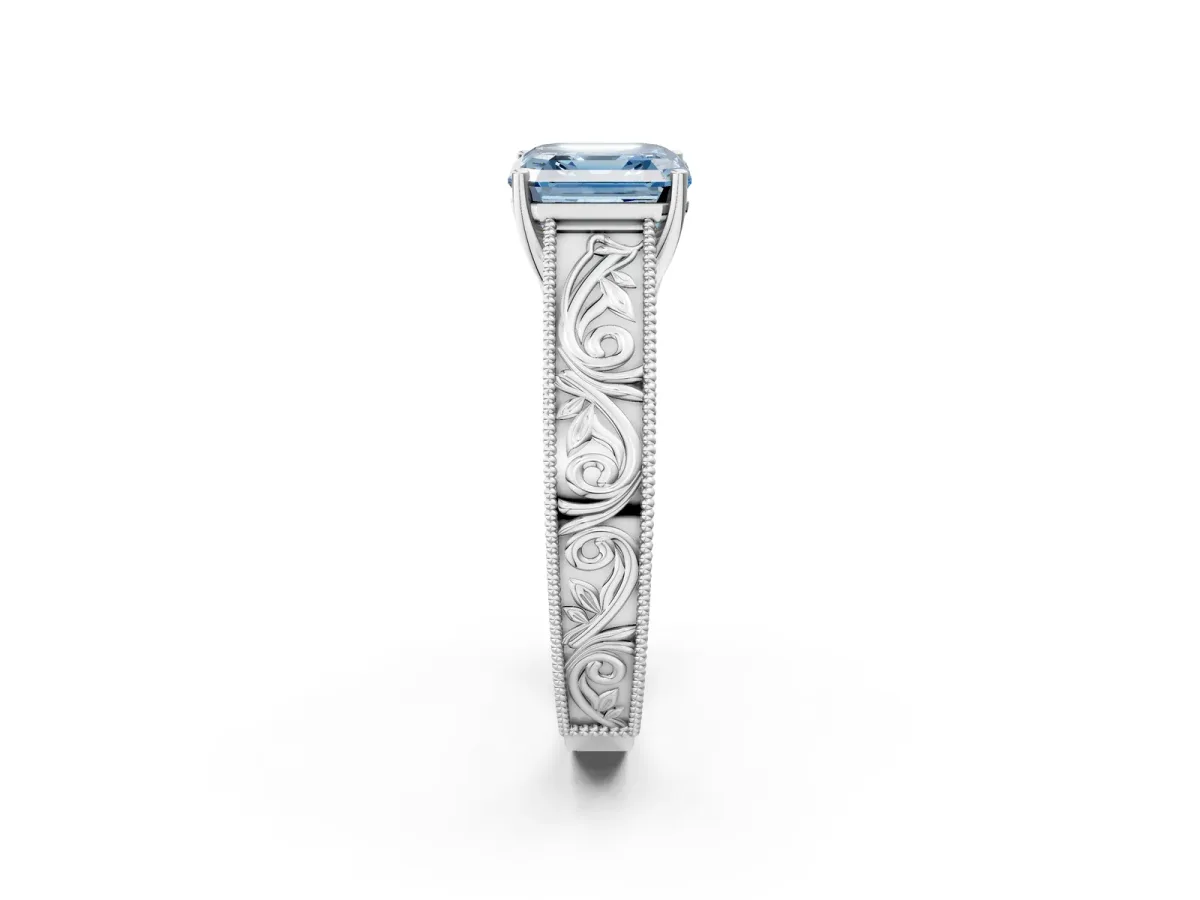 Fancy Blue Asscher Cut Diamond Solitaire Ring with Engraved Band and Four-Prong Setting Platinum
