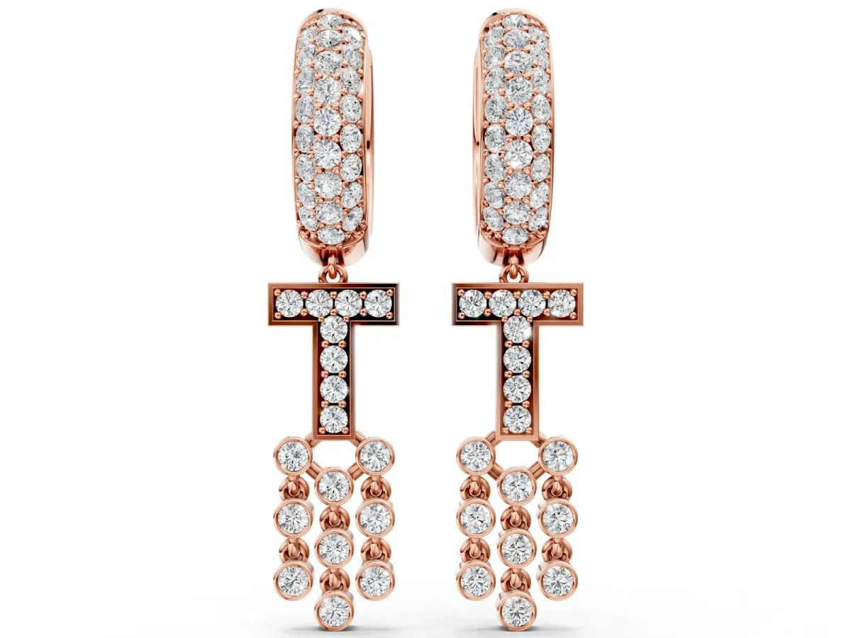 Round Diamond Initial T Huggie Hoop Earrings Rose gold