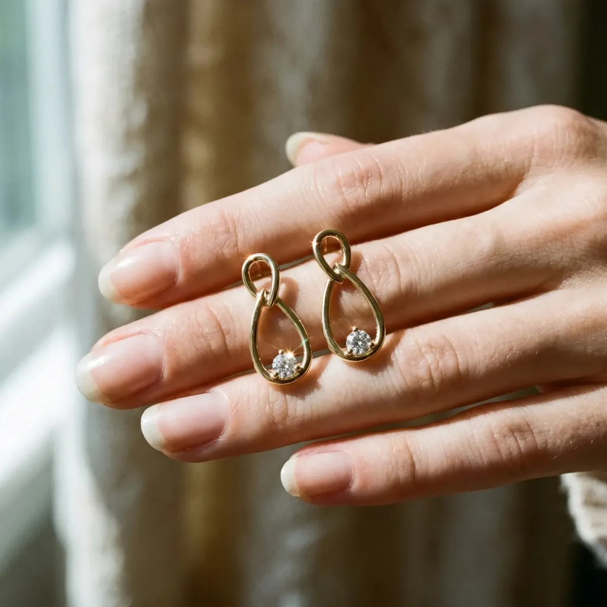 Round Diamond Teardrop Earrings with Bezel Setting and Loop Band Yellow gold