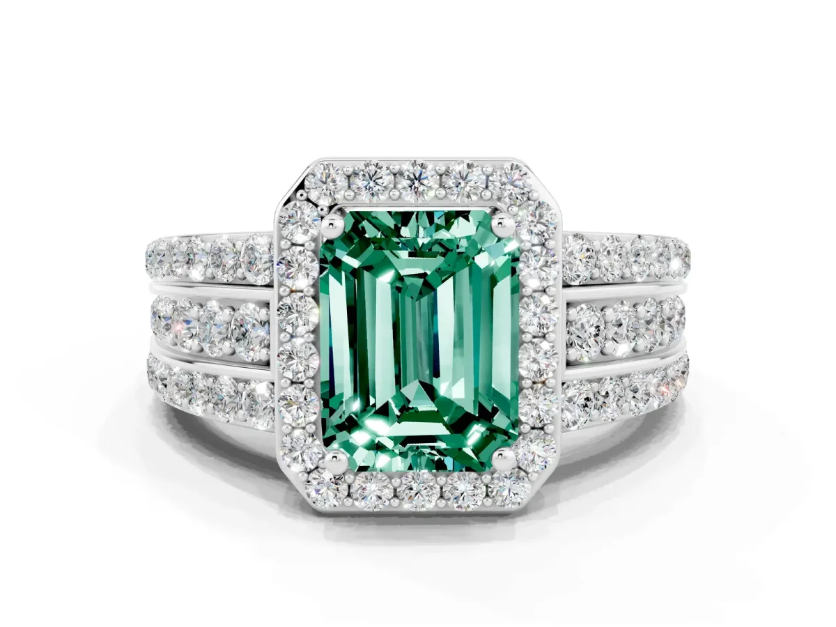Emerald Cut Halo Green Sapphire Ring with Round Split Shank and Prong Setting Platinum