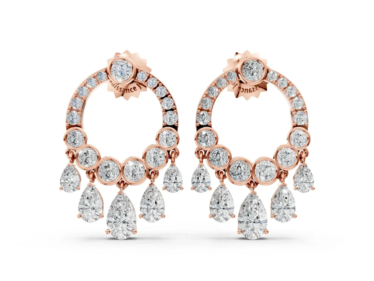 Round and Pear Diamond Dangle Earrings Rose gold