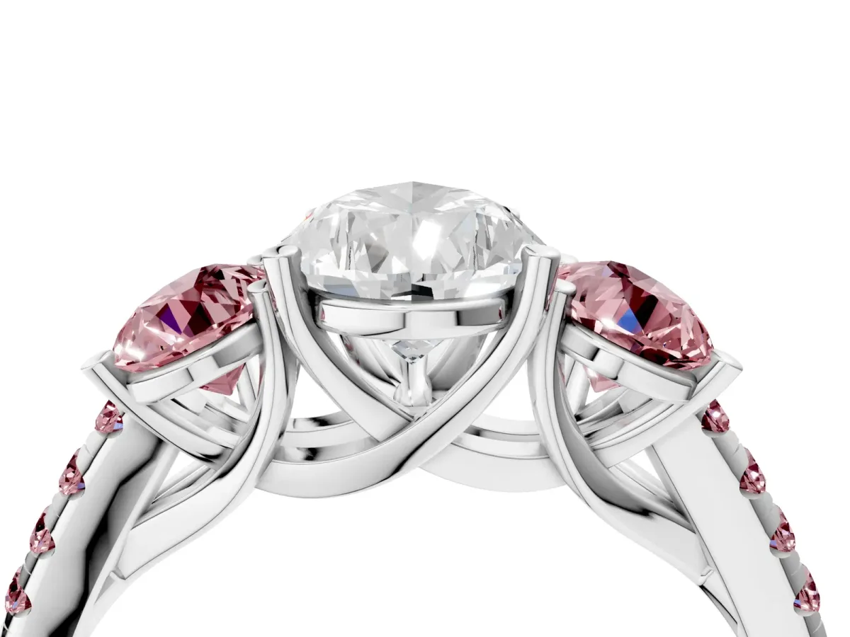 Three-Stone Pear Cut Diamond Ring with Round Morganite Pavé Band and Prong Setting Platinum