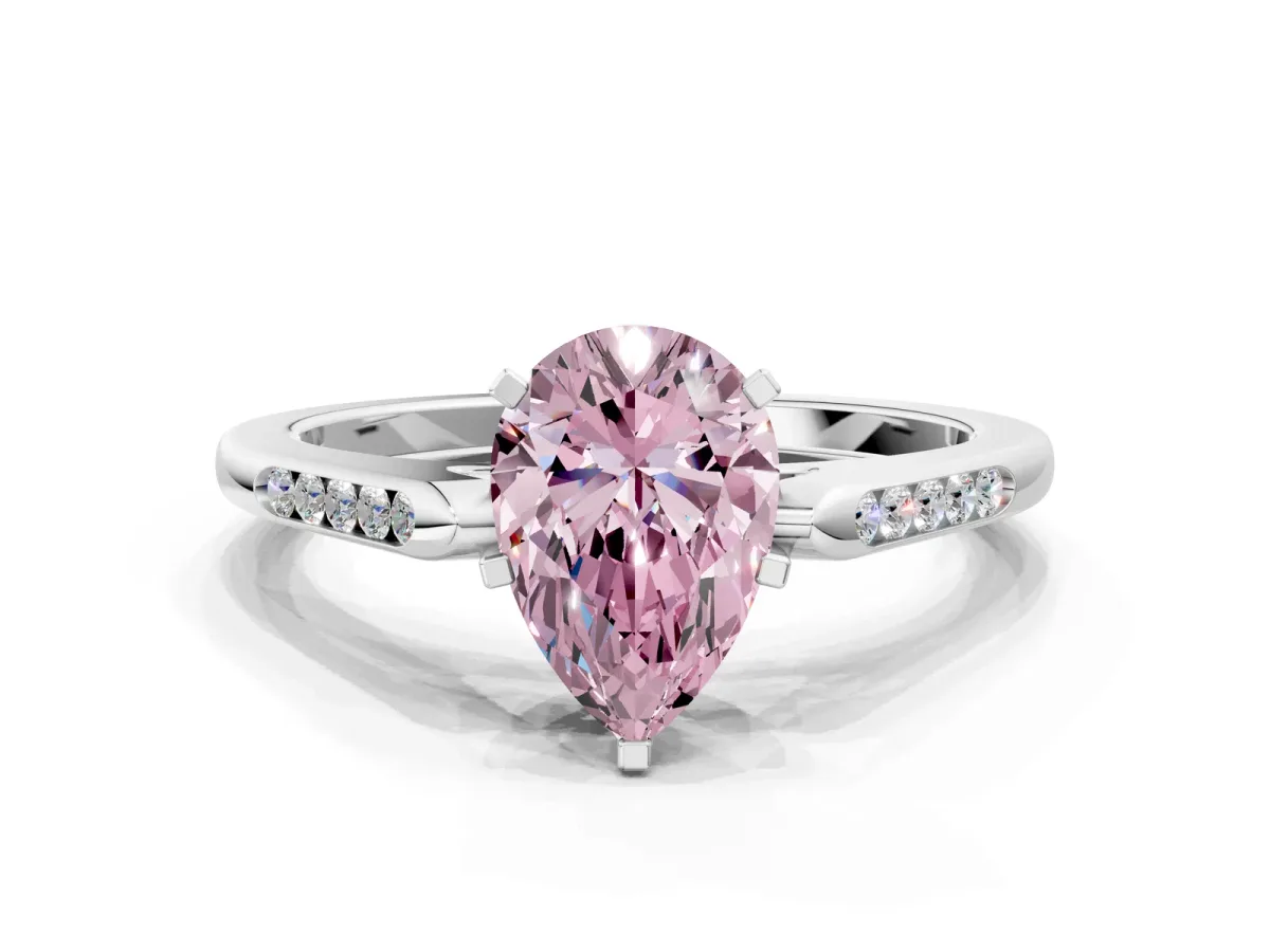 Fancy Pink Pear Cut Diamond Solitaire Ring with Channel Set Round Band and Prong Setting Silver