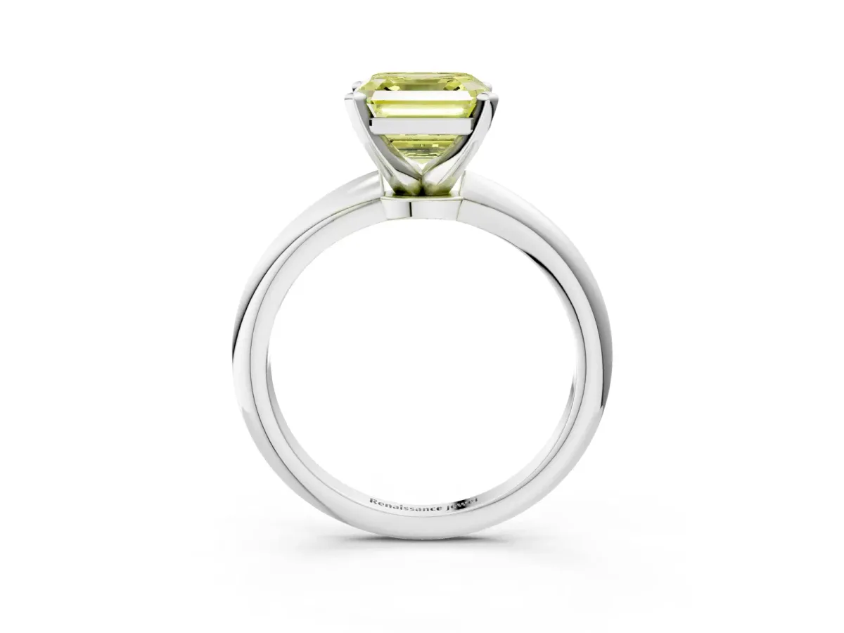 Fancy Yellow Asscher Cut Diamond Solitaire Ring with Six-Prong Setting and Classic Band Silver
