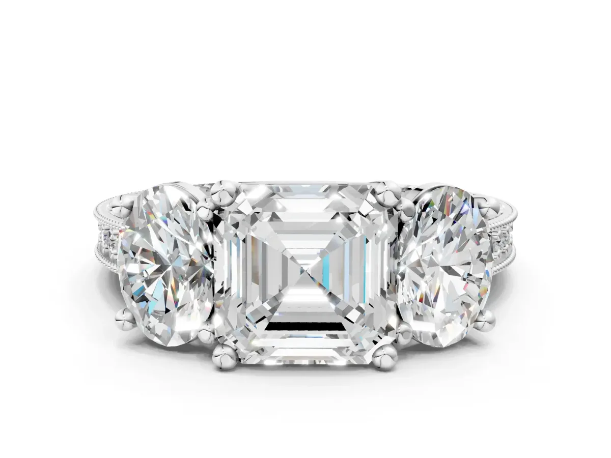 Three-Stone Asscher Cut Diamond Milgrain Pave Band with Prong Setting Platinum