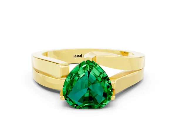 Modern Tension Set Heart Cut Emerald Solitaire Wide Band Ring Yellow gold