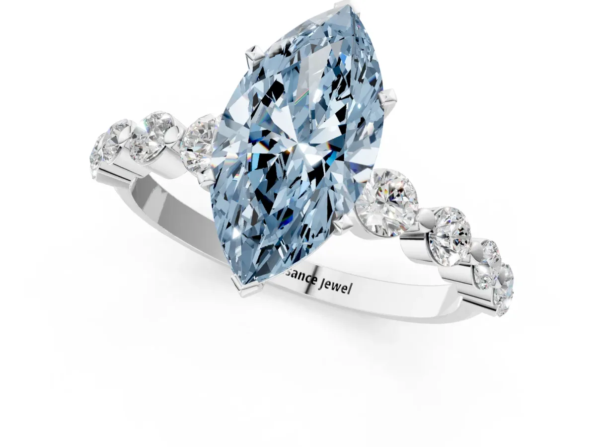 Fancy Blue Marquise Cut Solitaire Diamond Ring with Pave Band and Four-Prong Setting Silver