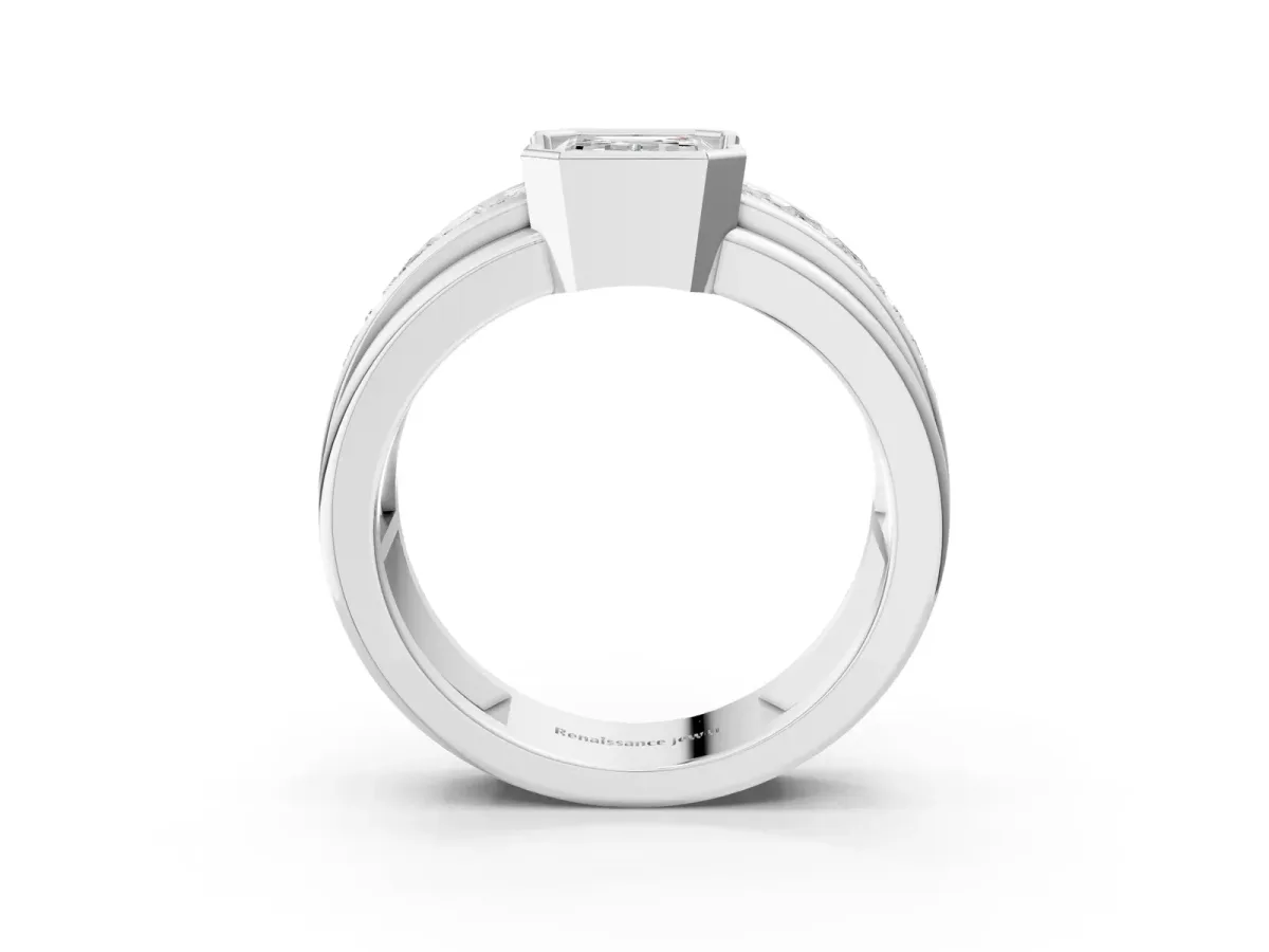 Emerald Cut Diamond Side Stone Engagement Ring Silver