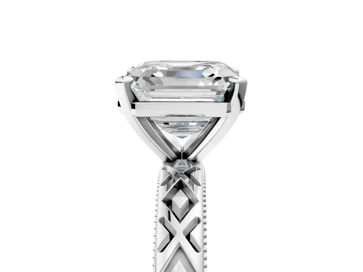 Asscher Cut Solitaire Diamond Ring with Milgrain and Black Enamel X Pattern Band Platinum