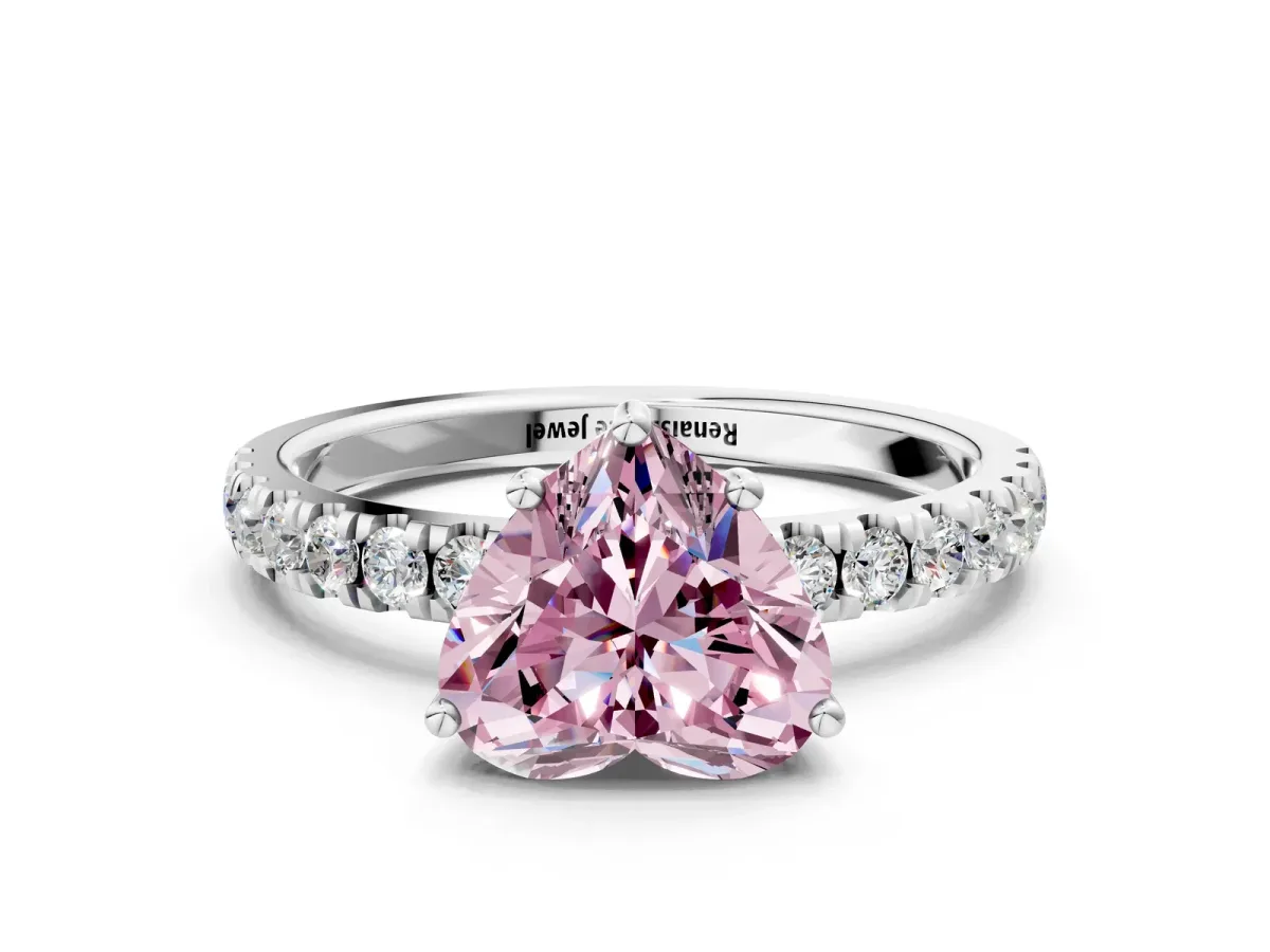 Fancy Pink Heart Cut Diamond Pave Band Solitaire Ring with Round and Prong Setting Silver