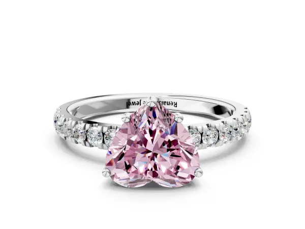 Fancy Pink Heart Cut Diamond Pave Band Solitaire Ring with Round and Prong Setting Platinum