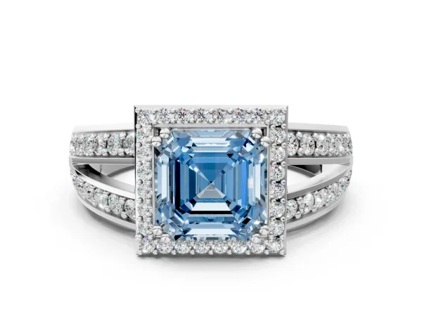 Fancy Blue Asscher Cut Diamond Halo Ring with Split Shank Pavé Band and Four-Prong Setting Platinum