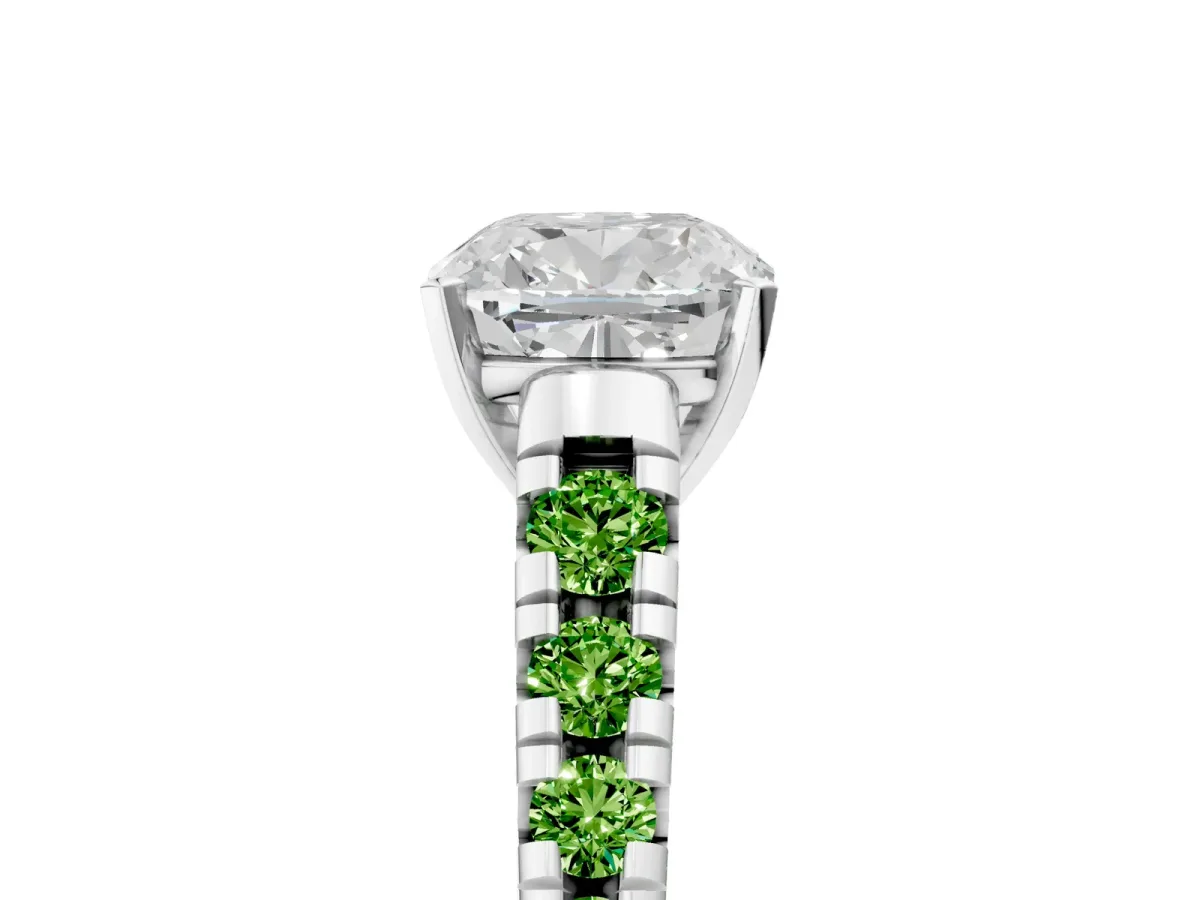Cushion Cut Diamond Cathedral Solitaire Ring with Round Peridot Pavé Band Silver