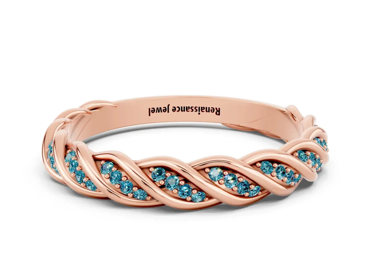 Twisted Pavé Round Blue Topaz Eternity Band with Shared Prong Setting Rose gold