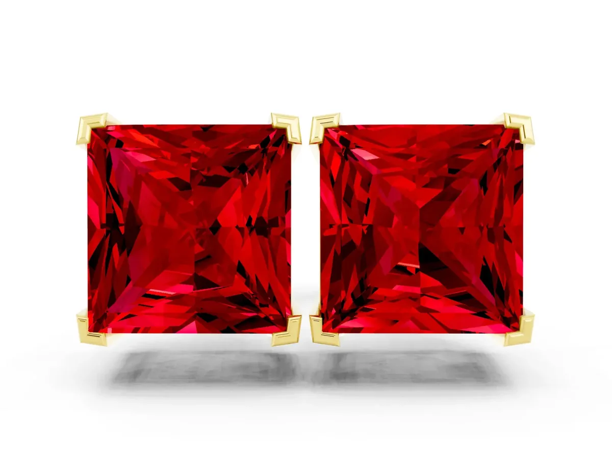 Princess Cut Ruby Stud Earrings Yellow gold