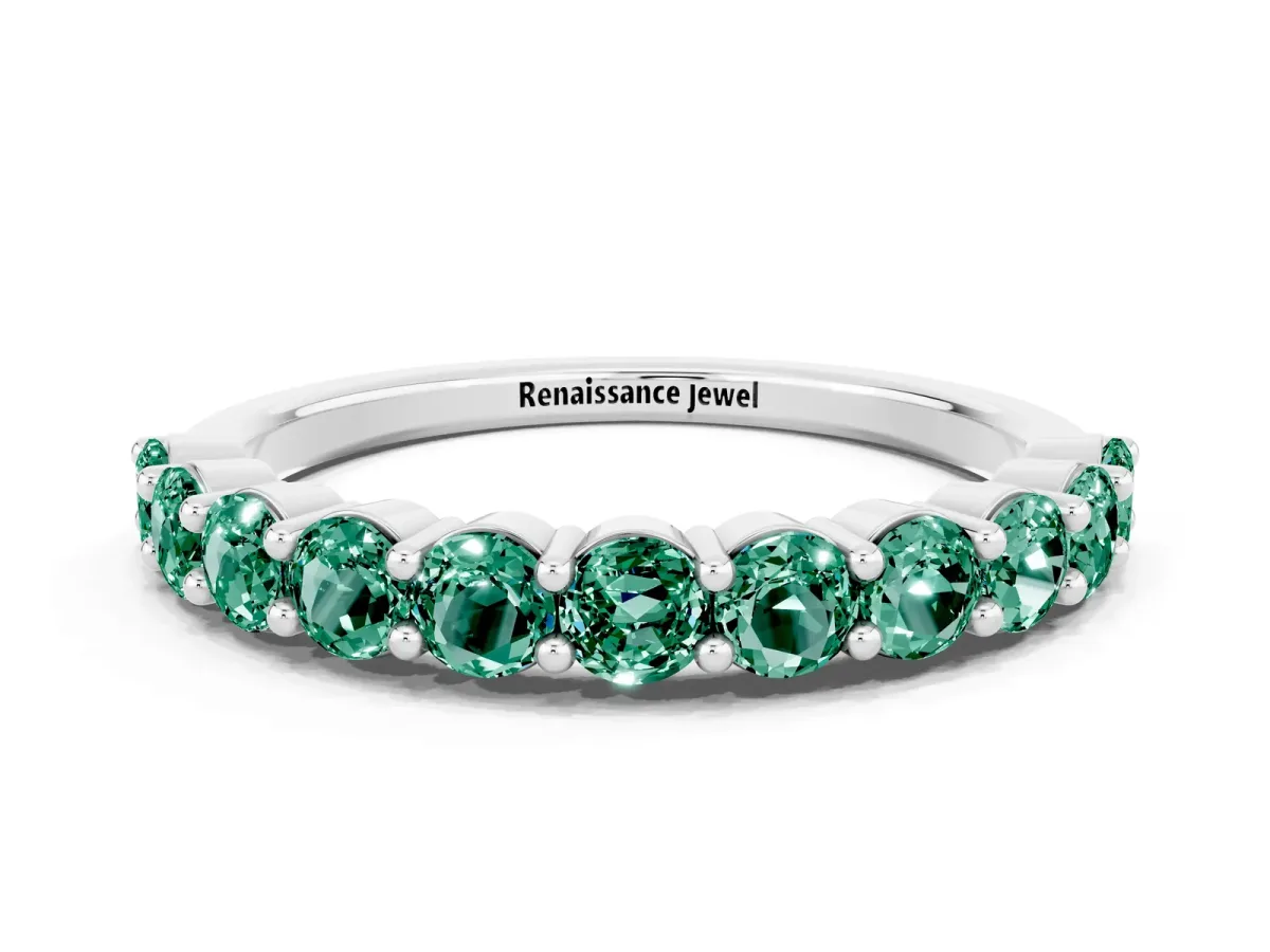 Round Green Sapphire Half Eternity Band with Prong Setting White gold