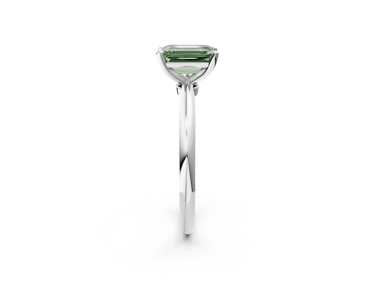 Fancy Green Emerald Cut Diamond Solitaire Ring with Six-Prong Setting and Classic Band Silver