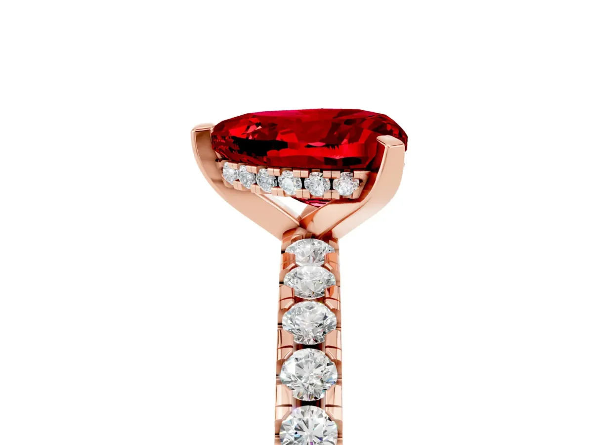 Heart Cut Ruby Solitaire Ring with Round Pavé Band and Four-Prong Setting Rose gold