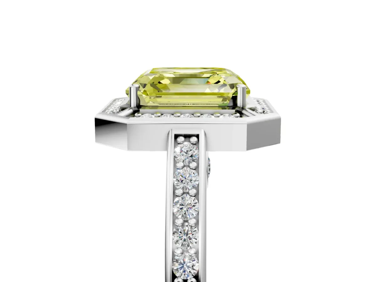 Fancy Yellow Asscher Cut Cut Halo Pave Split Shank Prong Setting Ring Platinum