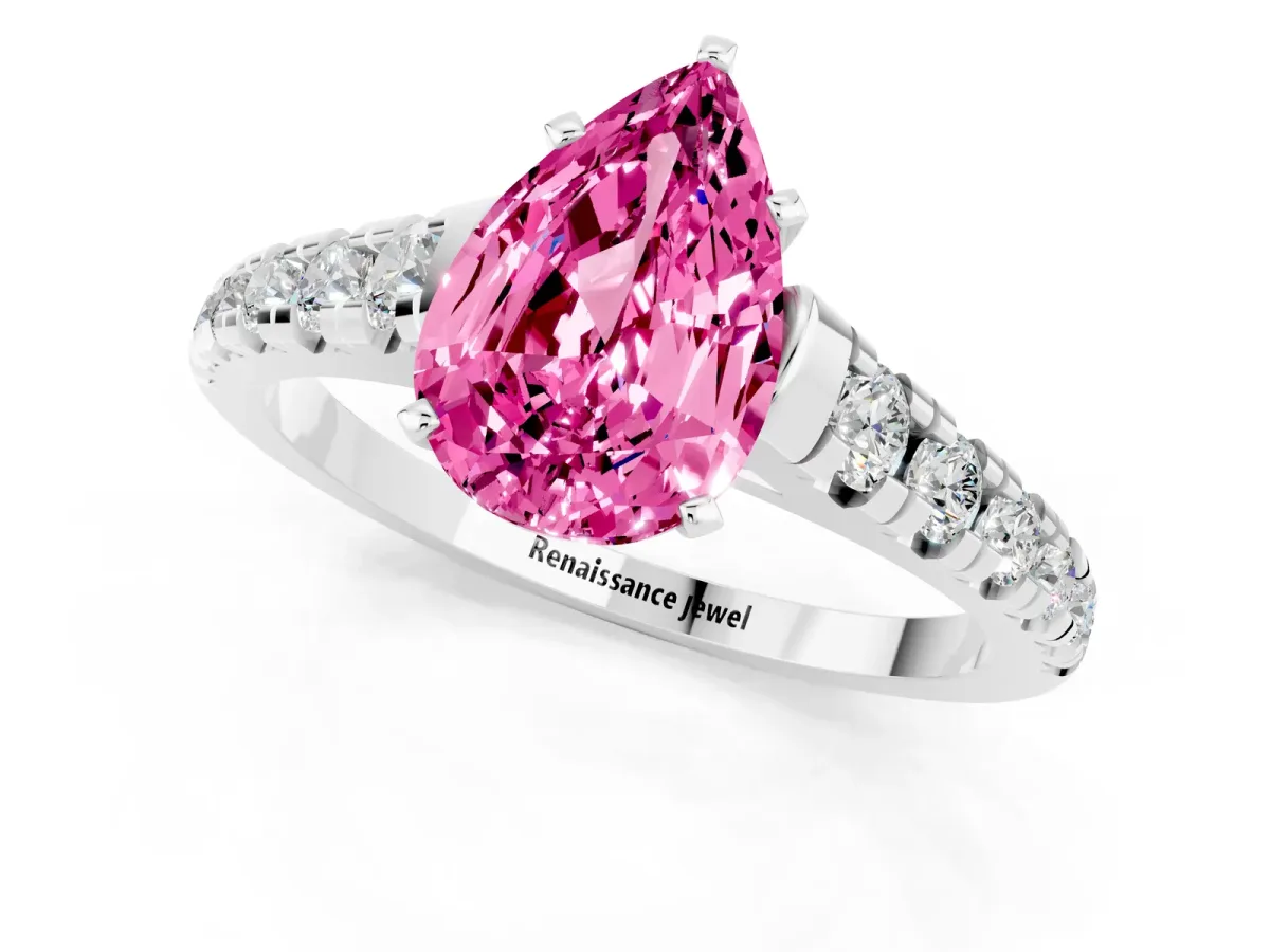 Pear Cut Pink Sapphire Cathedral Solitaire Ring with Round Pavé Band Silver