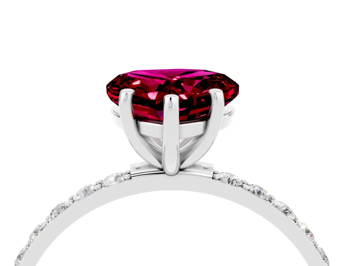 Heart Cut Garnet Solitaire Ring with Round Pavé Band and Prong Setting Silver