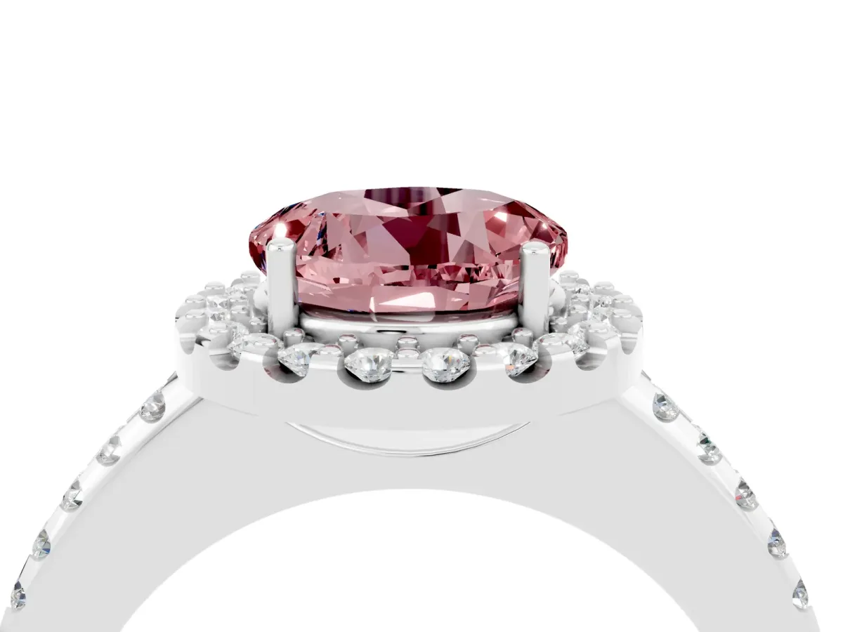 Round Cut Morganite Pavé Halo Ring with Four-Prong Setting Platinum