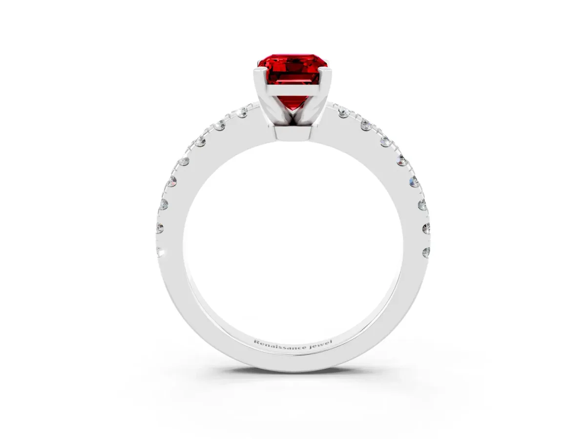 Emerald Cut Solitaire Ruby with Pavé Band and Four-Prong Setting Silver
